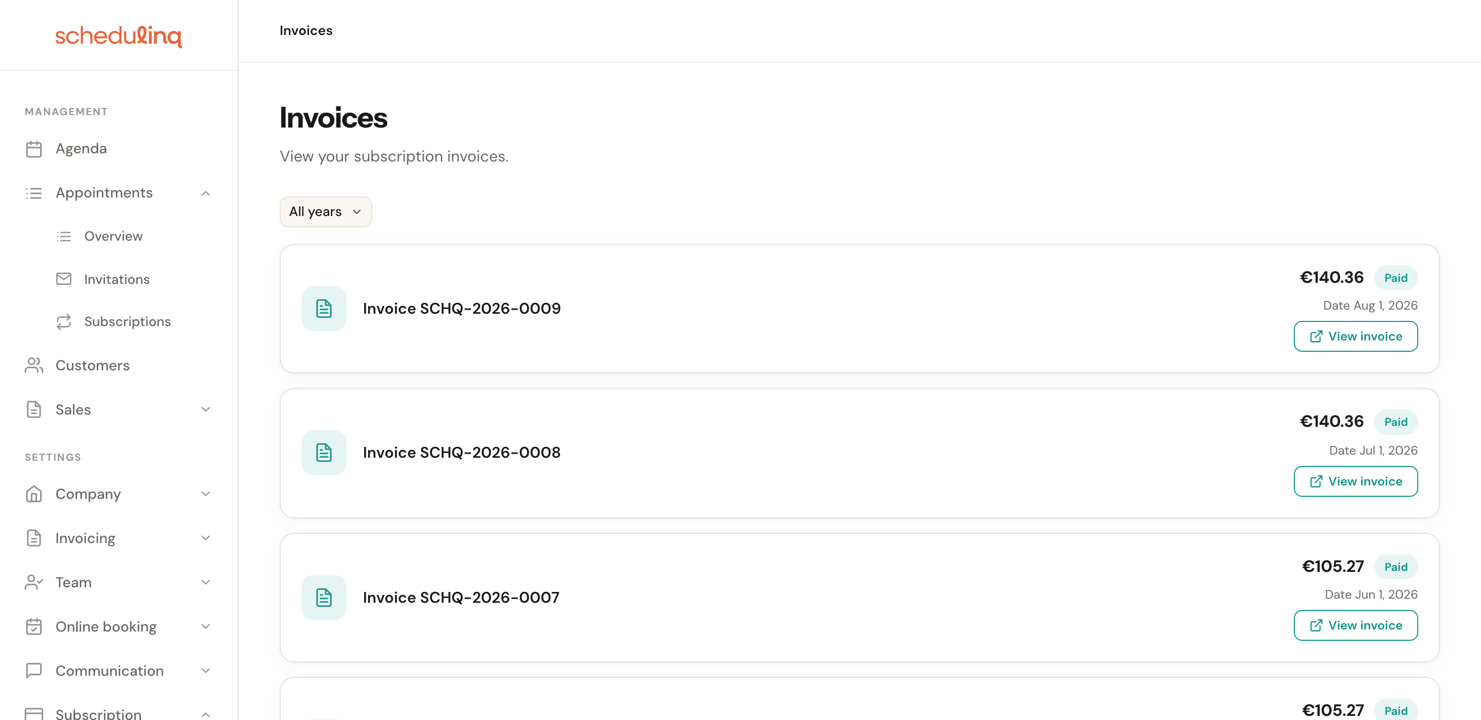 The Invoices page listing subscription invoices, each with an amount, status and date.