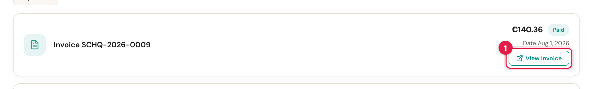 A single invoice row with its number, amount, Paid label, date and the View invoice button.