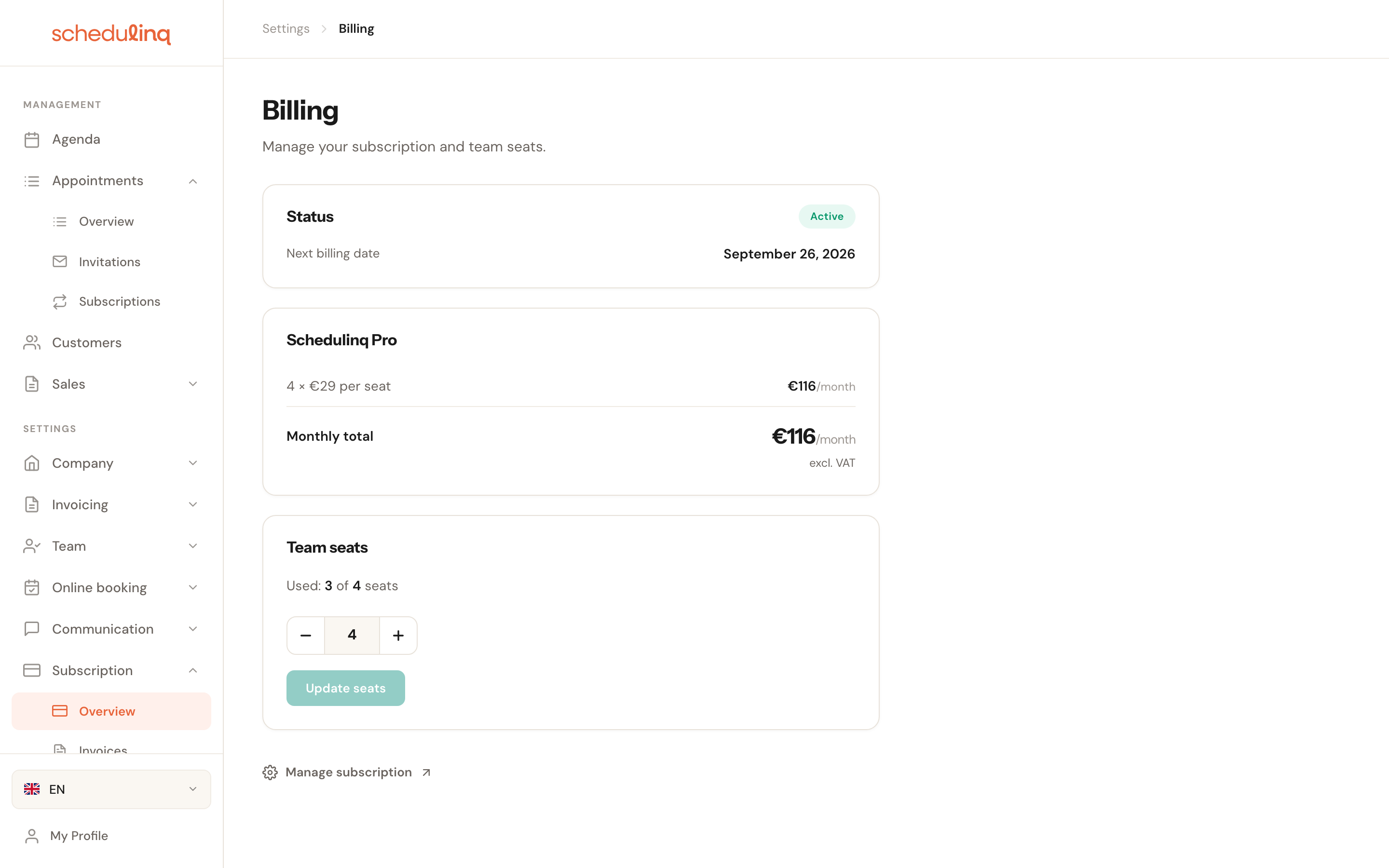 The Billing page with the Status, Schedulinq Pro and Team seats cards.