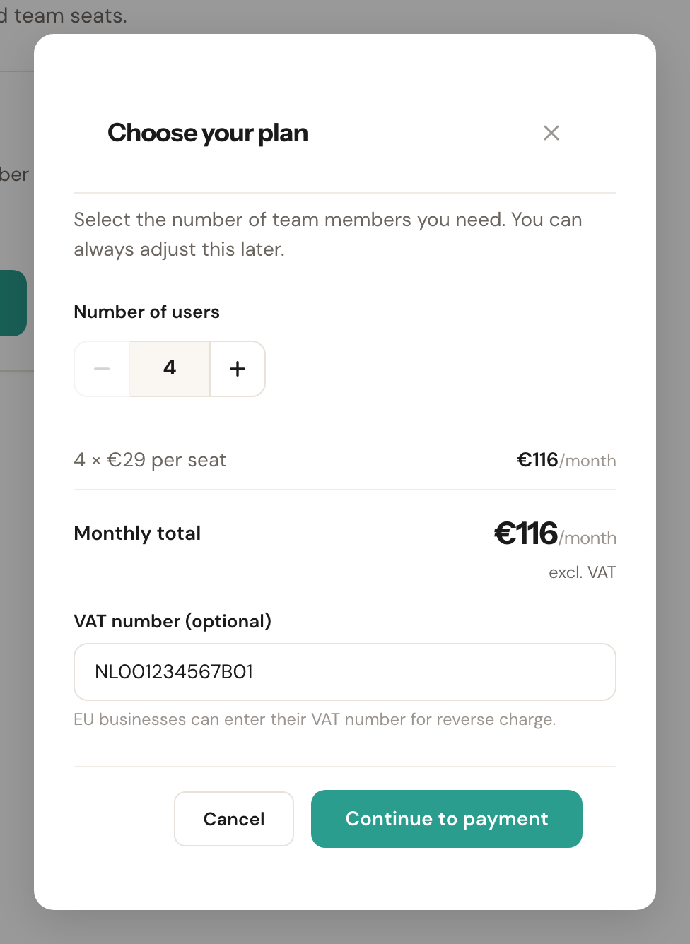 The Choose your plan window with Number of users on four, the price per user and the monthly total, the VAT number filled in, and the Continue to payment button.