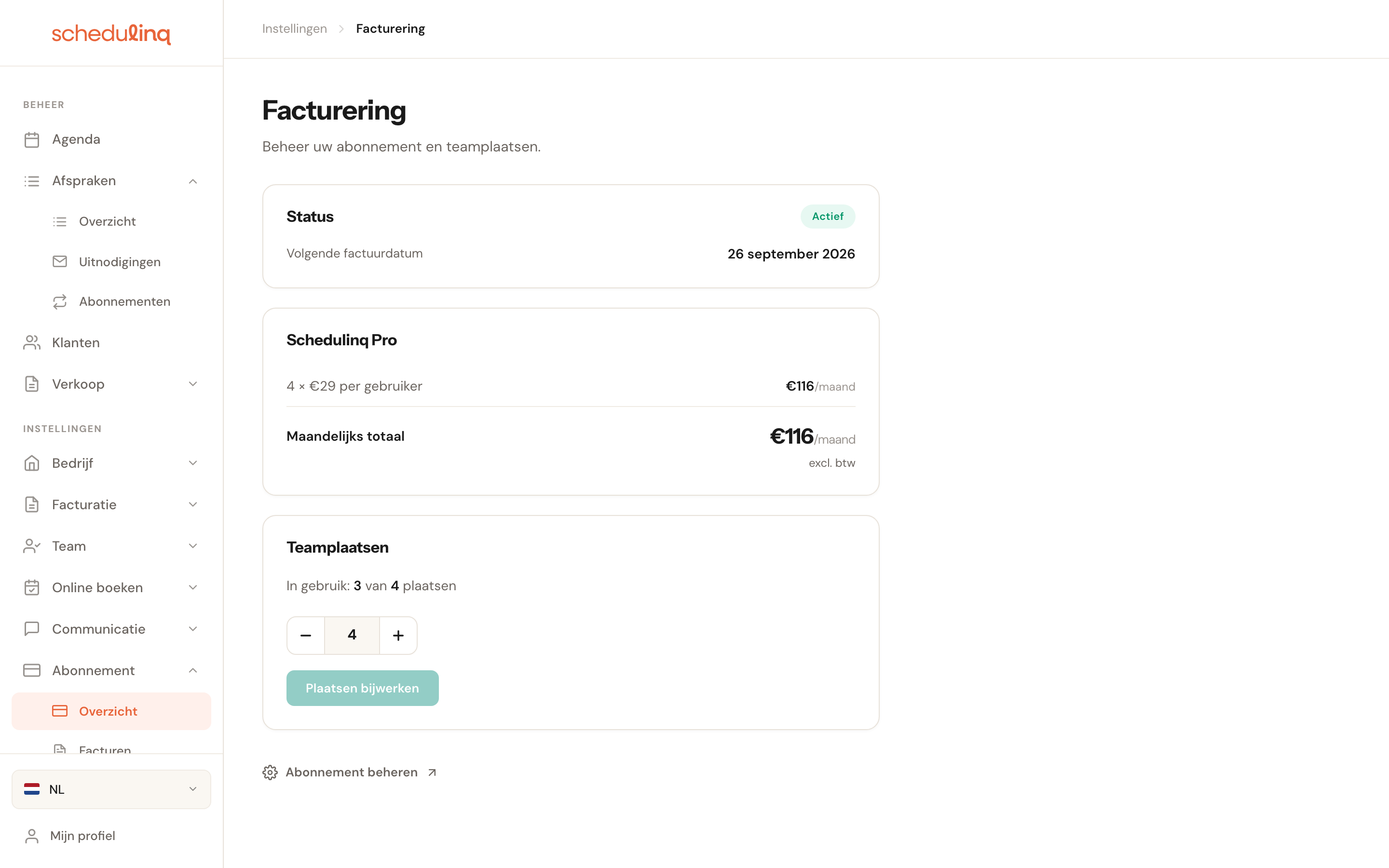 De pagina Facturering met de kaarten Status, Schedulinq Pro en Teamplaatsen.