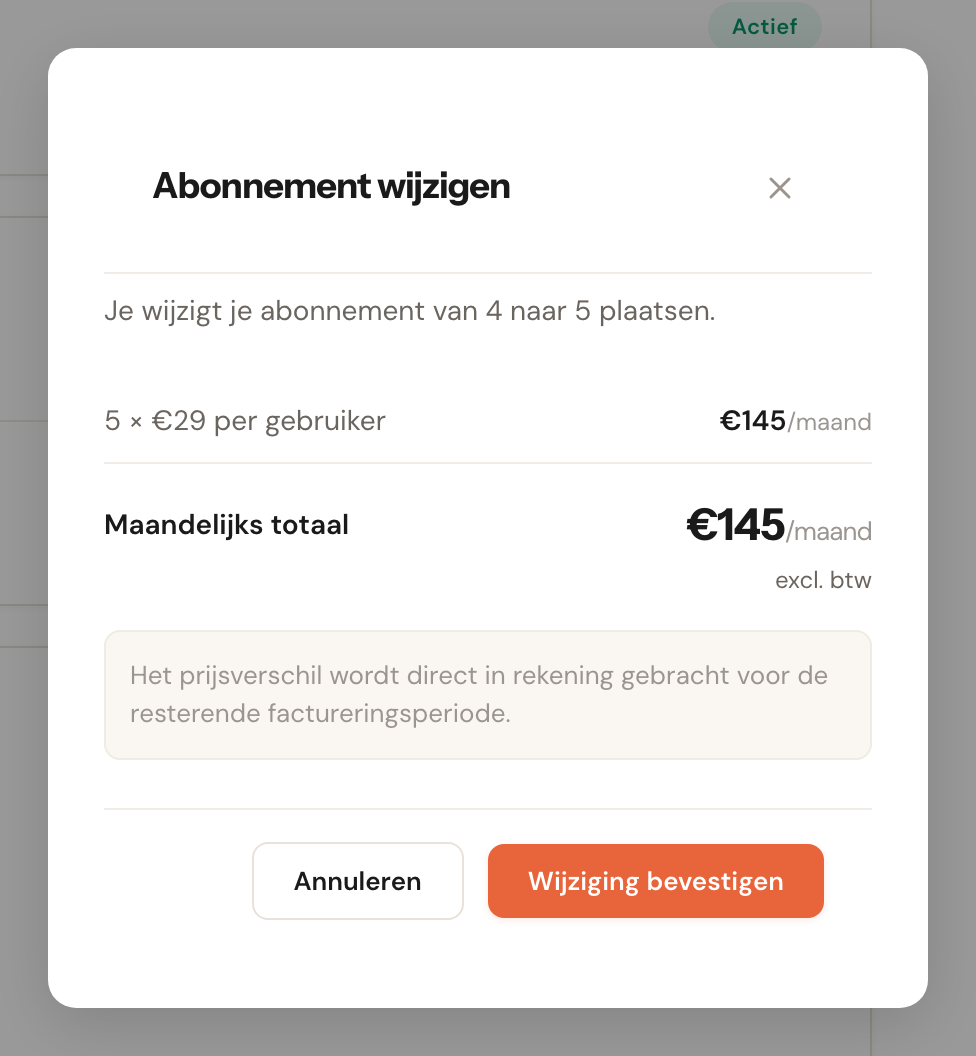Het venster Abonnement wijzigen met het nieuwe maandbedrag en een toelichting op de verrekening.