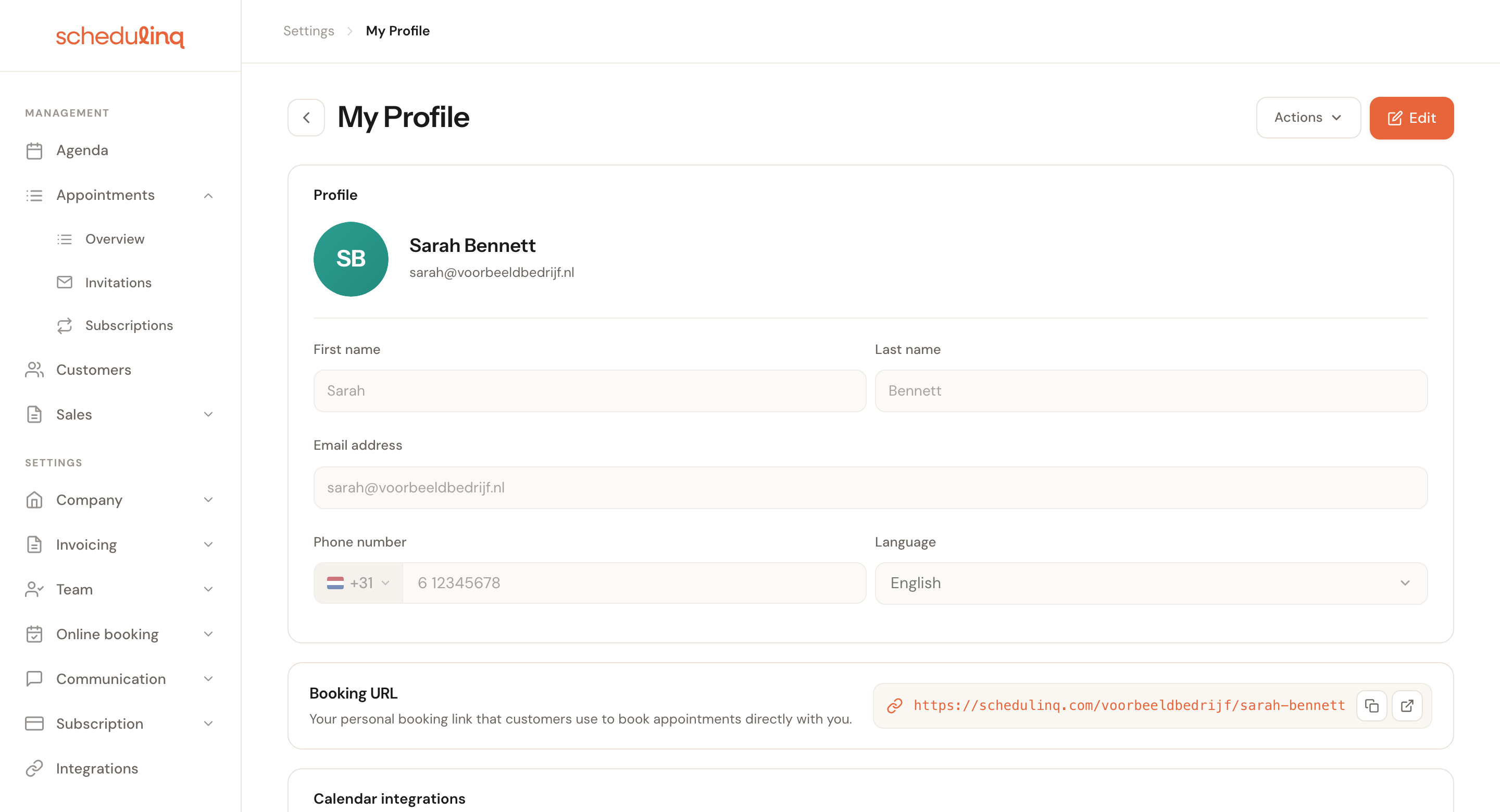 The My Profile page showing the profile block, the booking URL and the calendar card.