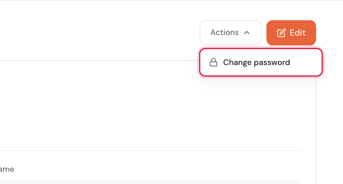 The Actions menu showing the Change password option.