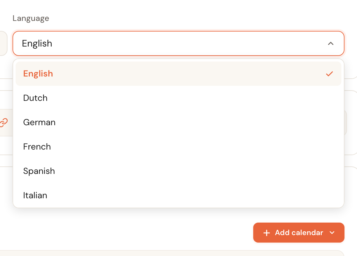 The open language menu listing English, Dutch, German, French, Spanish and Italian.