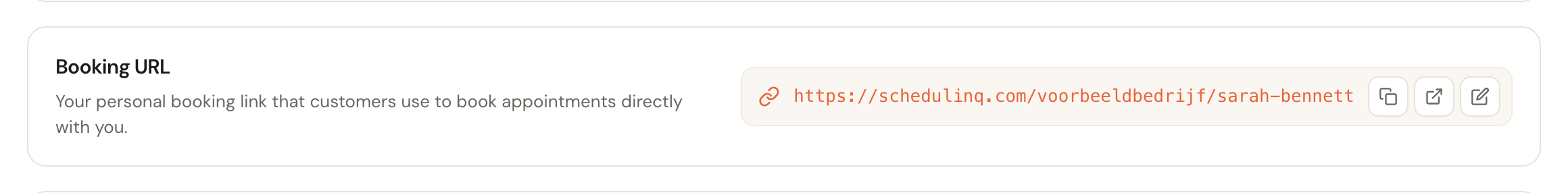 The Booking URL card with the personal link and buttons to copy, open and edit it.