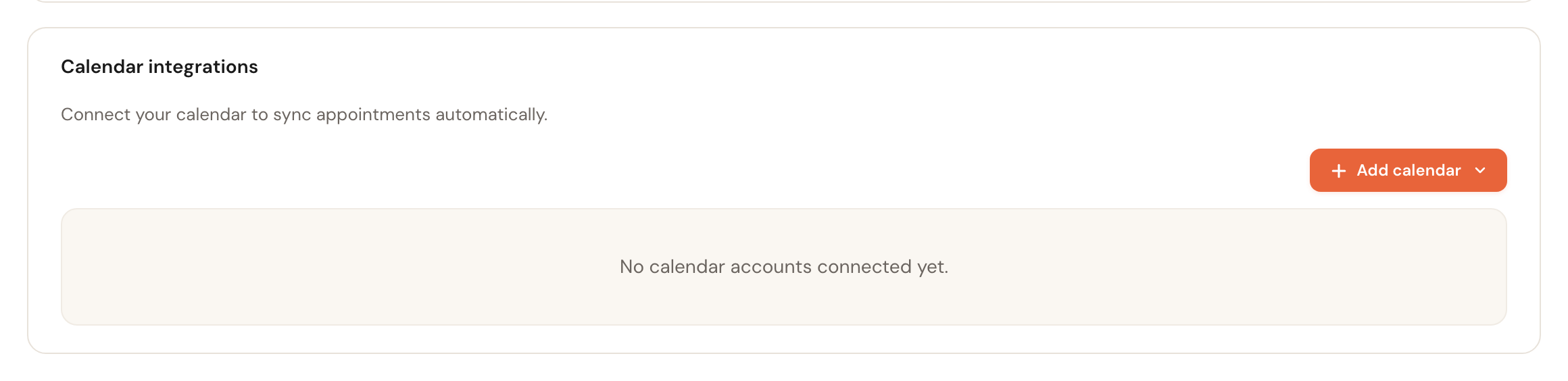 The Calendar integrations card with no accounts connected.