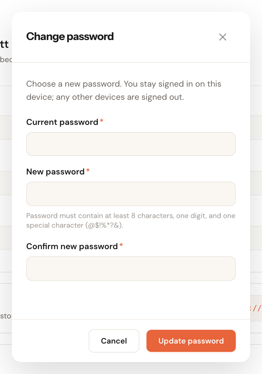 The Change password dialog with current password, new password and confirmation.