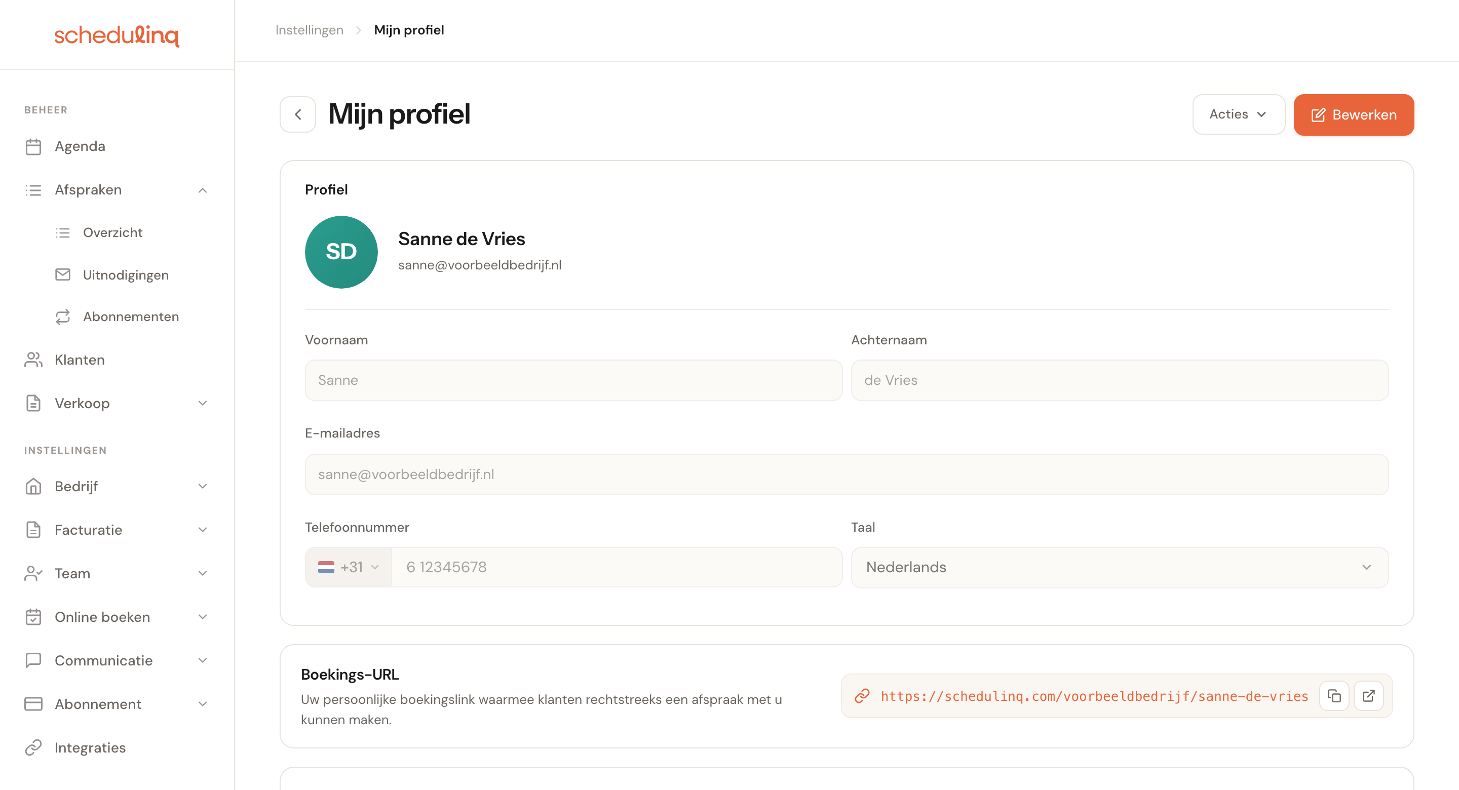 De pagina Mijn profiel met het profielblok, de boekings-URL en de agendakaart.
