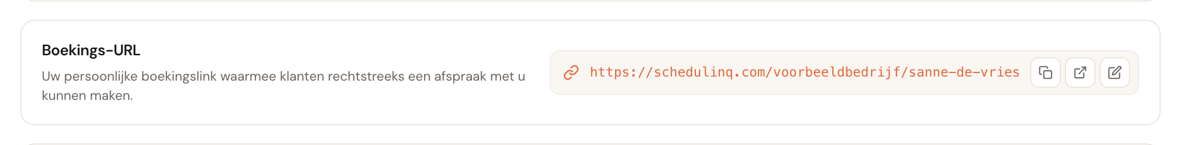 De kaart Boekings-URL met de persoonlijke link en knoppen om te kopiëren, te openen en te bewerken.