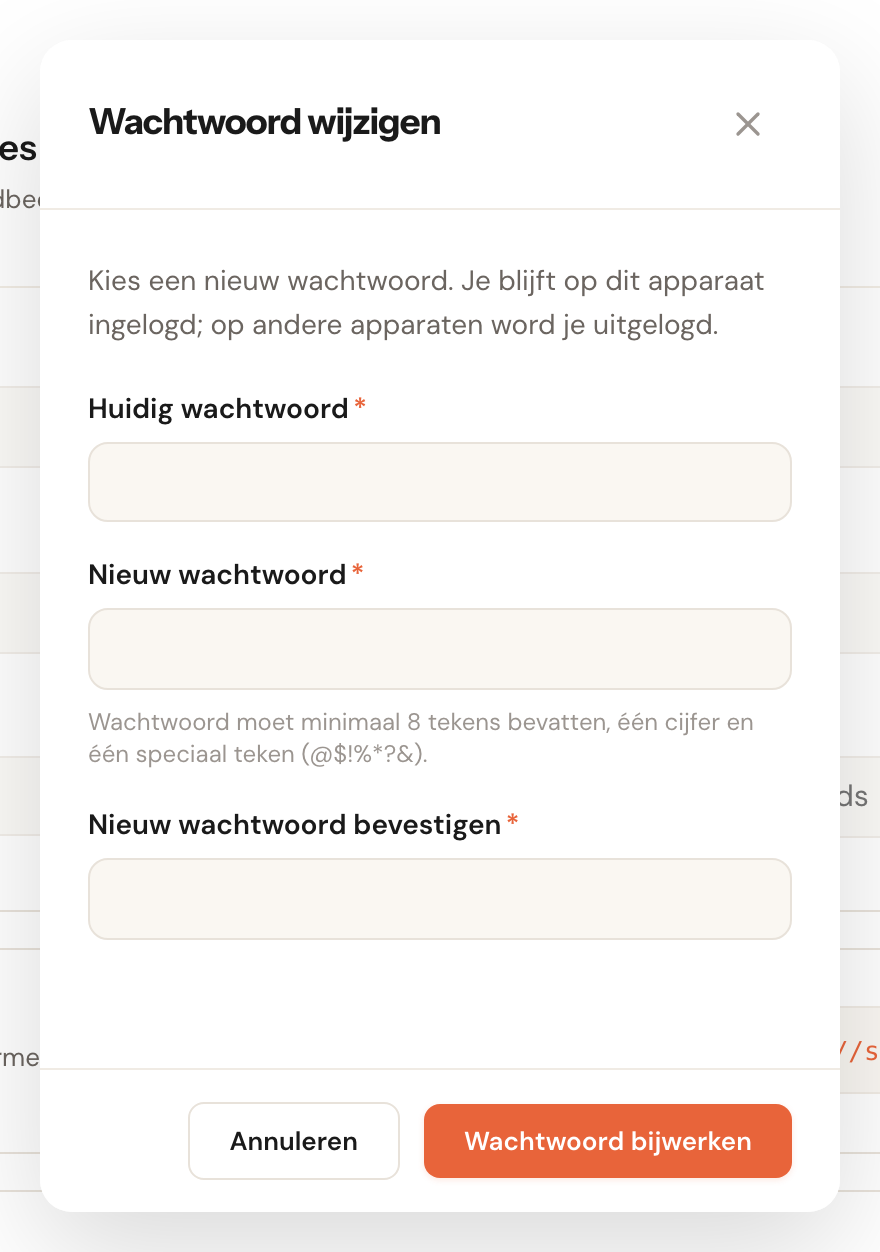 Het venster Wachtwoord wijzigen met huidig wachtwoord, nieuw wachtwoord en bevestiging.