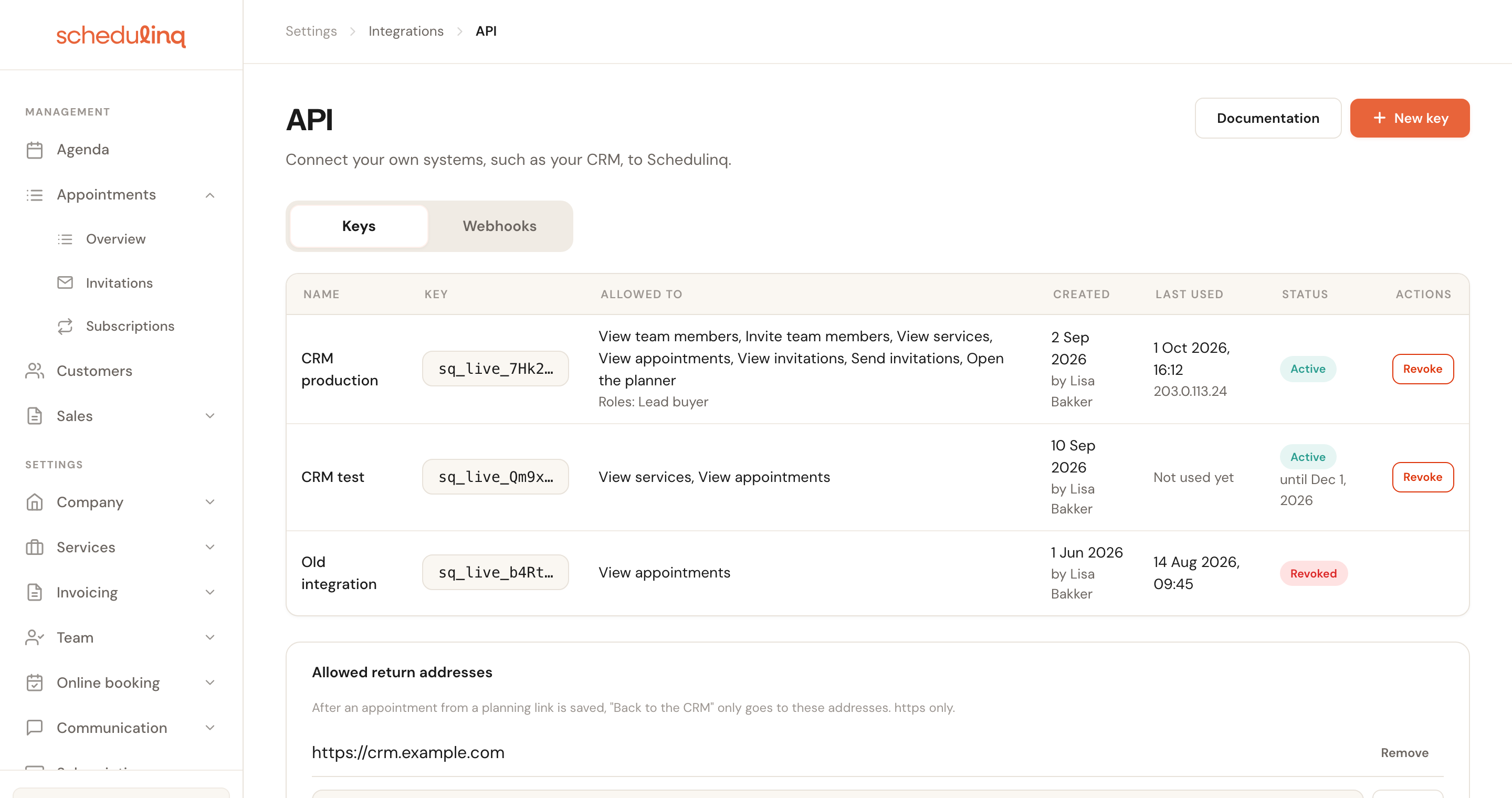 The API page under Integrations with the Keys and Webhooks tabs, a list of three keys with name, the start of the key, what it may do, created, last used and status, and below it the Allowed return addresses card.