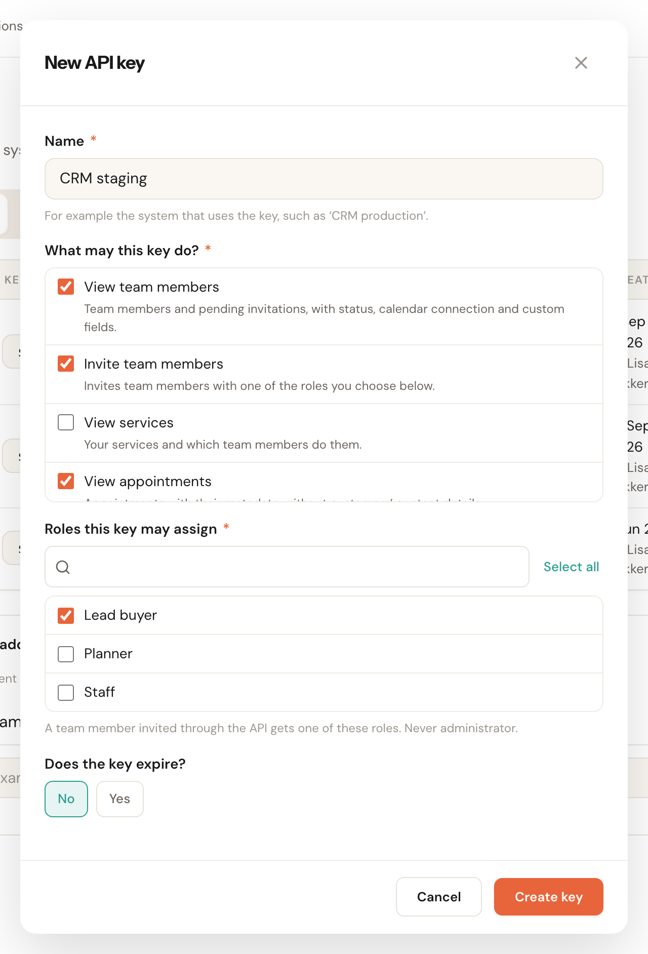 The New API key dialog with a name, the ticked scopes, the Roles this key may assign list and the question Does the key expire?