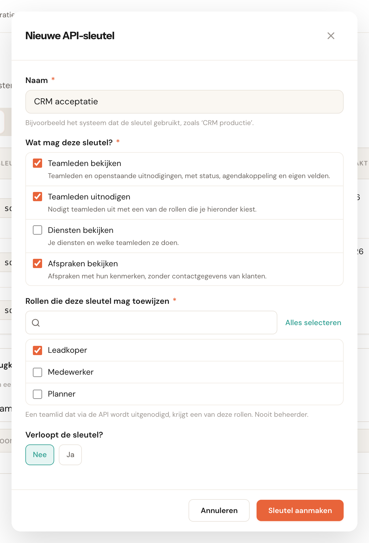 Het venster Nieuwe API-sleutel met een naam, de aangevinkte rechten, de lijst Rollen die deze sleutel mag toewijzen en de vraag Verloopt de sleutel?