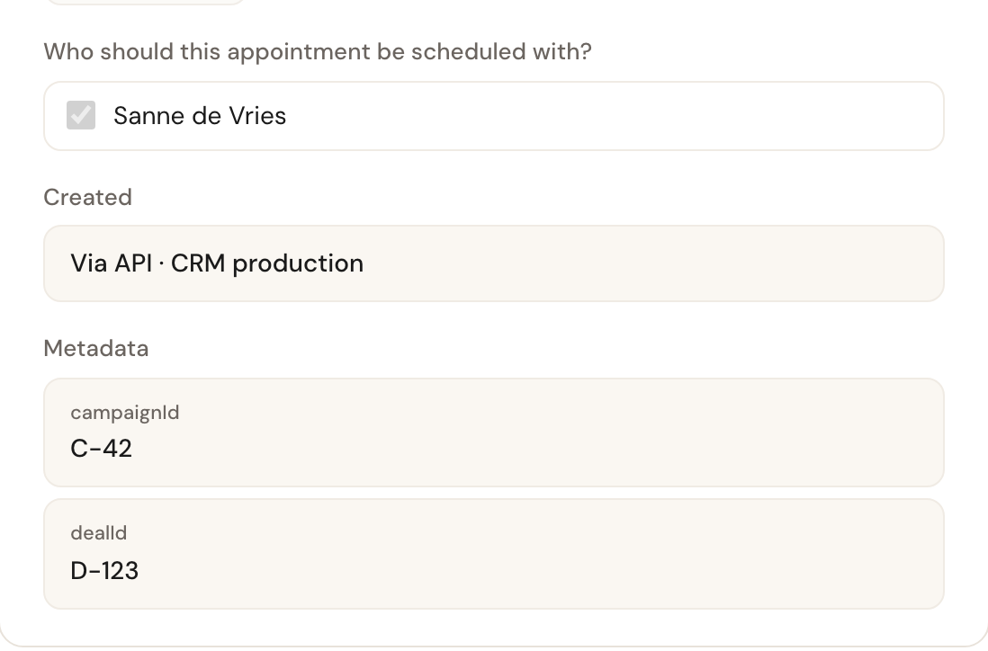 The lower part of an invitation, with Created: Via API · CRM production and below it the Metadata campaignId C-42 and dealId D-123.