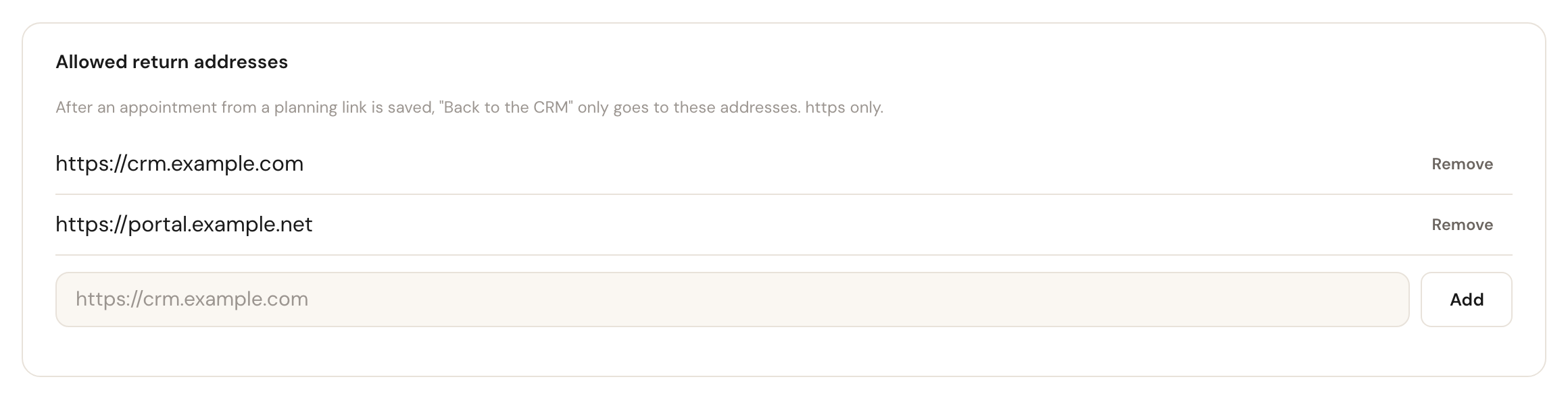 The Allowed return addresses card on the API page with two addresses, each with Remove, and a box to add one.