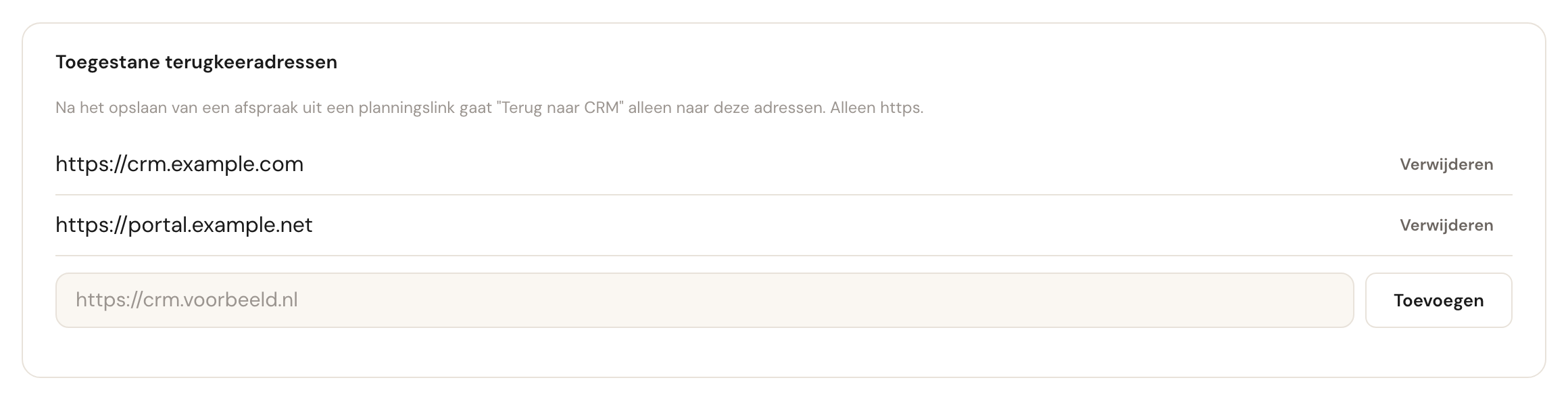 De kaart Toegestane terugkeeradressen op de API-pagina met twee adressen, elk met Verwijderen, en een vak om er een toe te voegen.