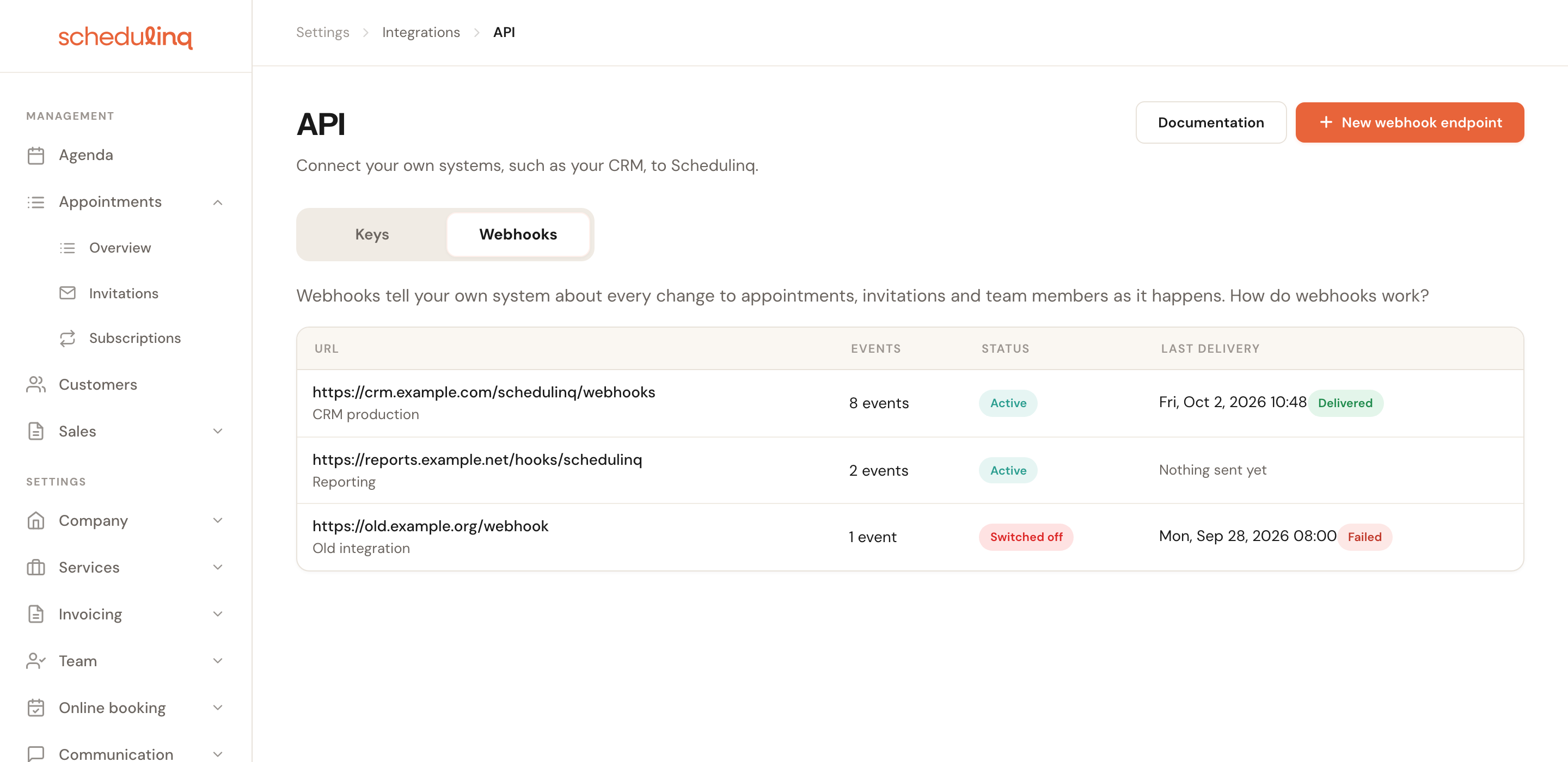 The Webhooks tab with three endpoints: their URL and description, the number of events, the last delivery and the status; the bottom one is switched off.