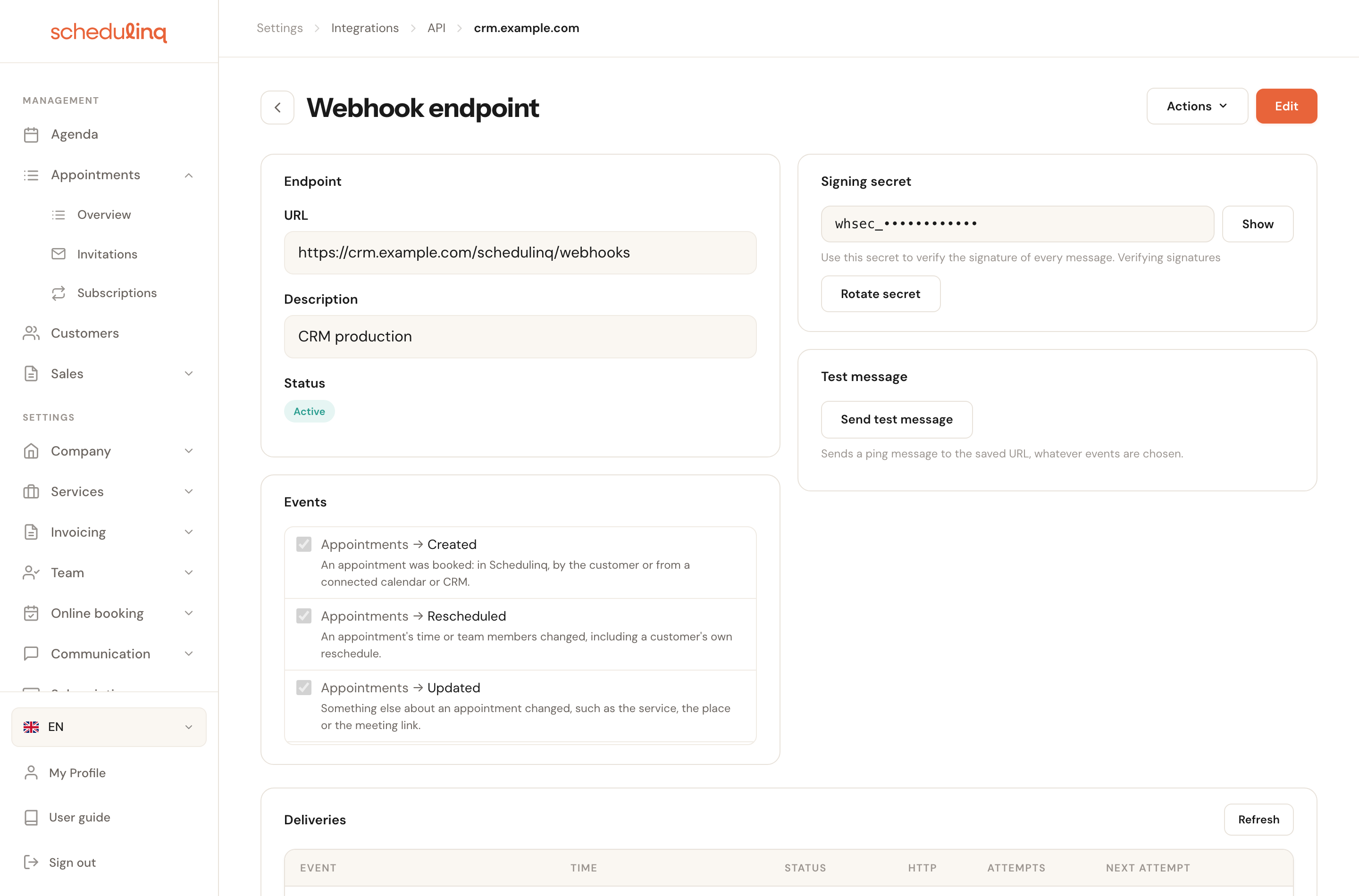 An endpoint's page with the URL and description, the chosen events, the signing secret and the test message on the right, and the deliveries at the bottom.