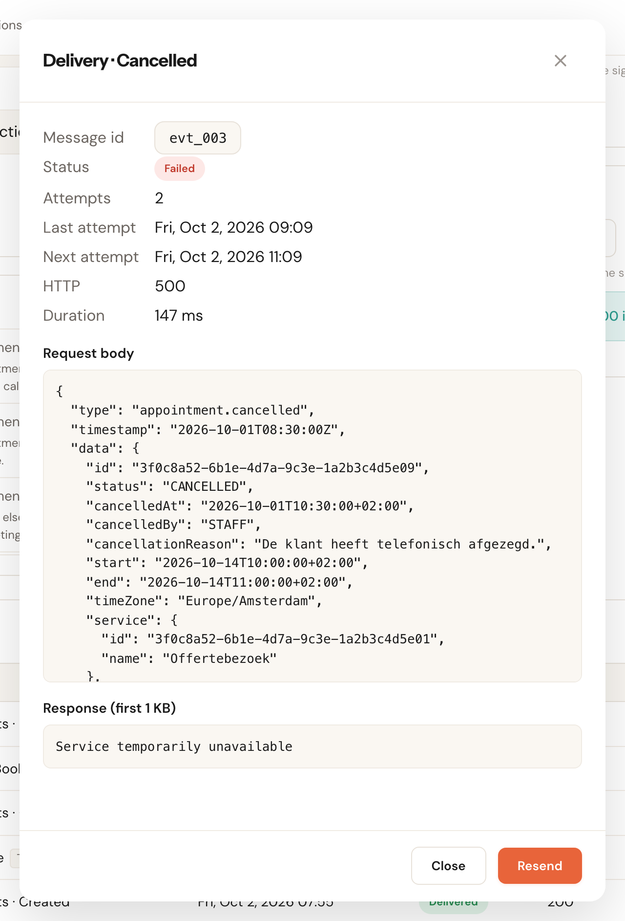 An opened delivery with its status, the message that was sent and the start of your server's answer, and the button to send it again.