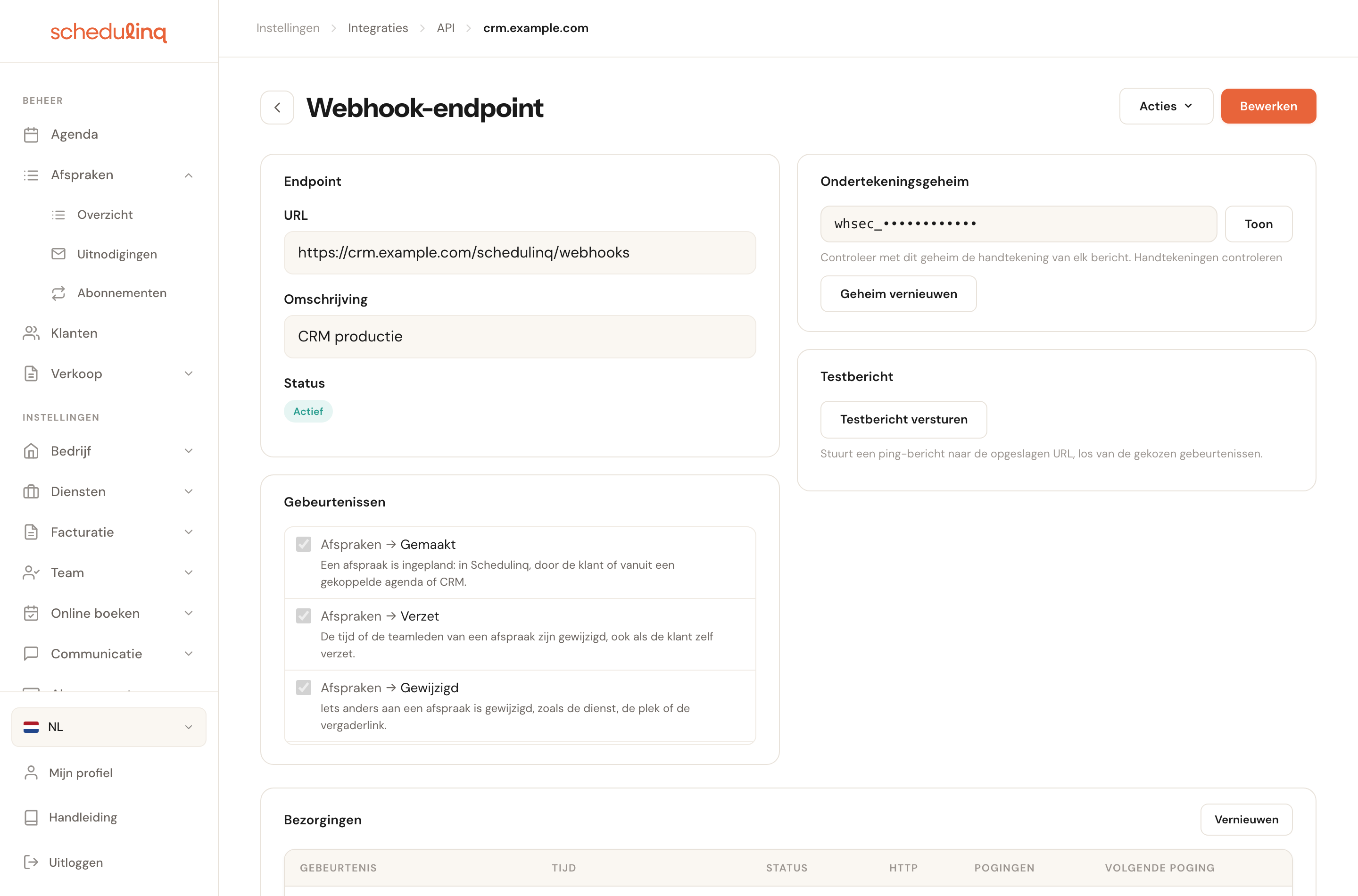 De pagina van een endpoint met de URL en omschrijving, de gekozen gebeurtenissen, rechts het ondertekeningsgeheim en het testbericht, en onderaan de bezorgingen.