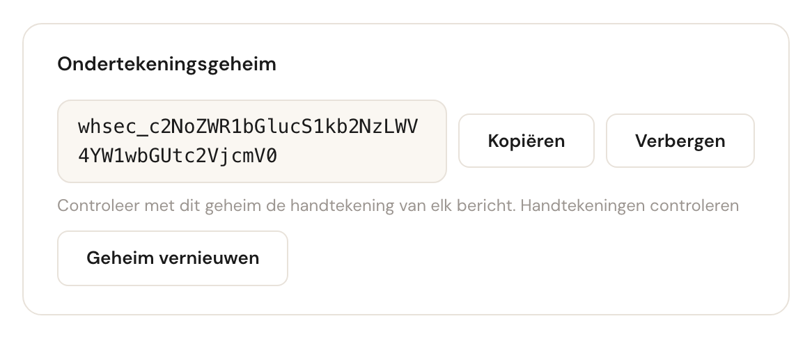 De kaart Ondertekeningsgeheim na Toon, met het voorbeeldgeheim, een knop om het te kopiëren en de knop Geheim vernieuwen.