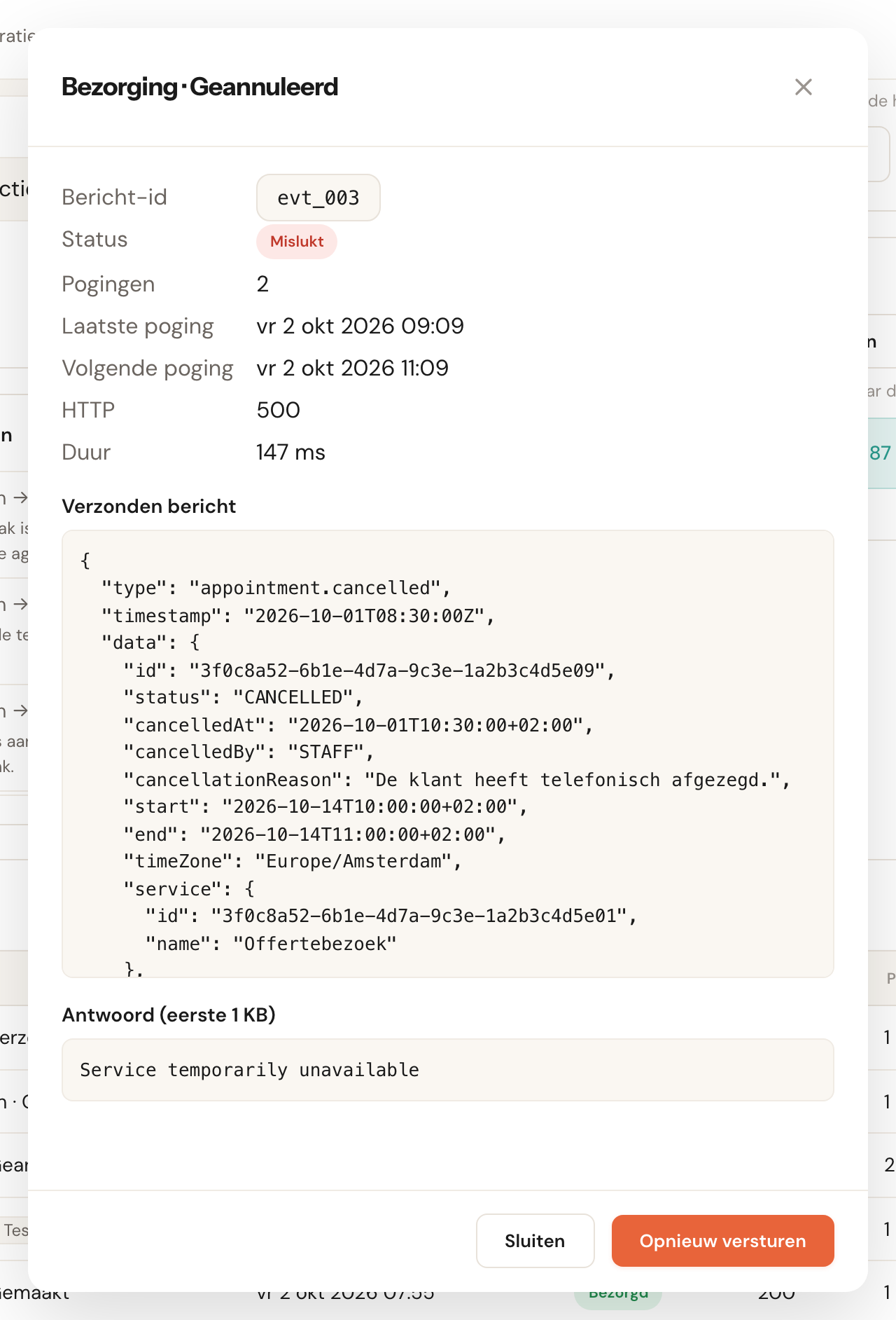 Een geopende bezorging met de status, het verzonden bericht en het begin van het antwoord van je server, en de knop om hem opnieuw te versturen.