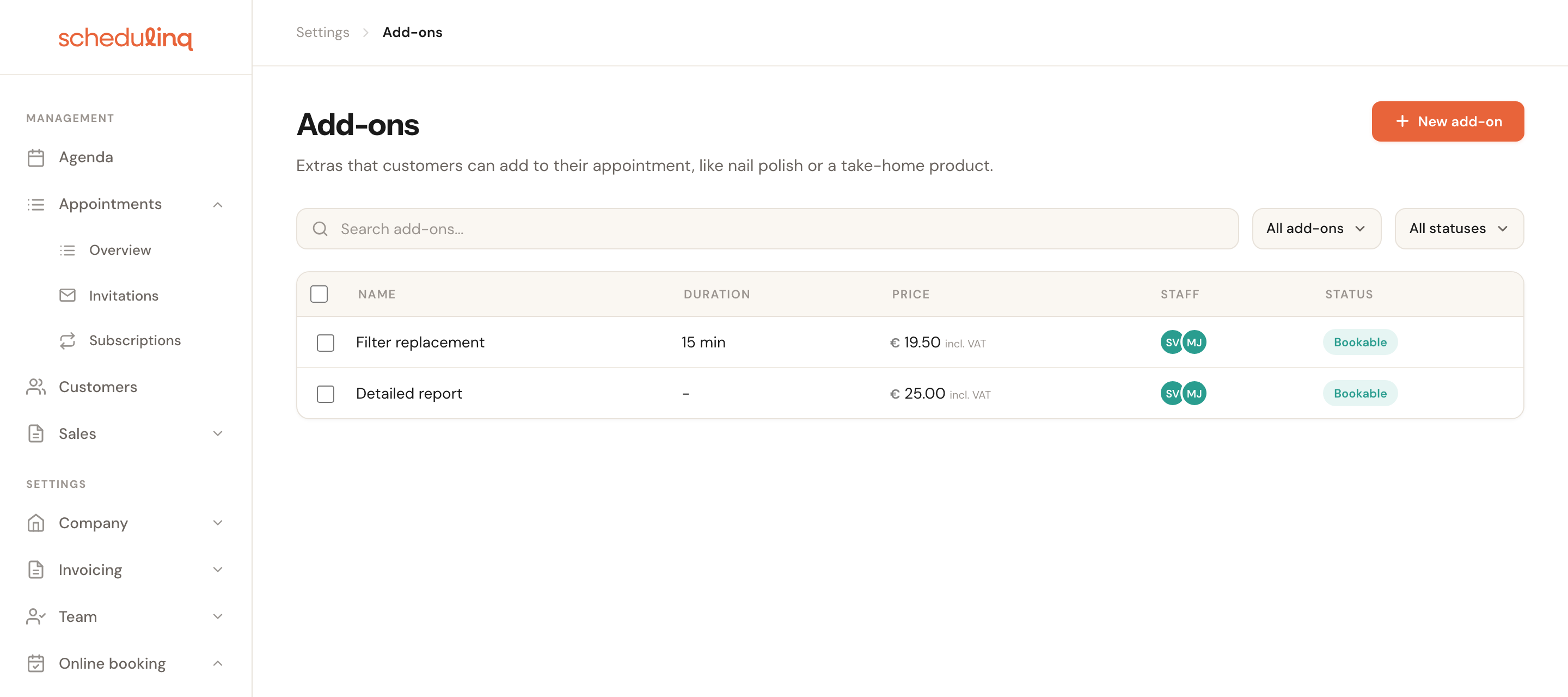 The Add-ons overview with two add-ons, their duration, price, staff and status.
