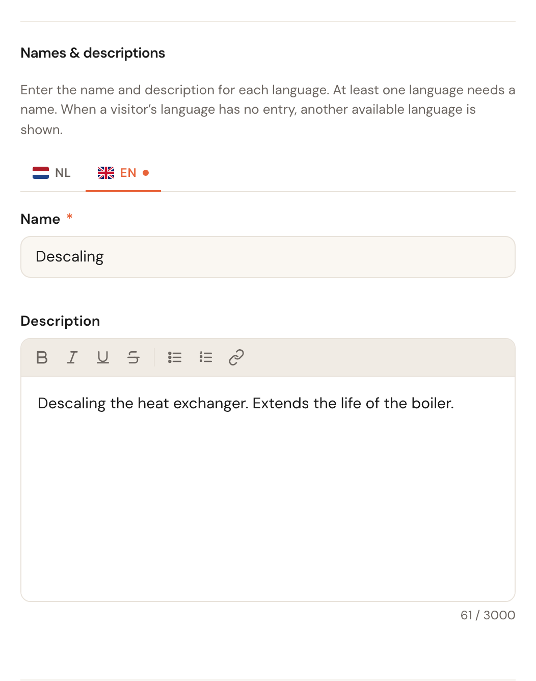 The Names and descriptions block with the name Descaling and a description.