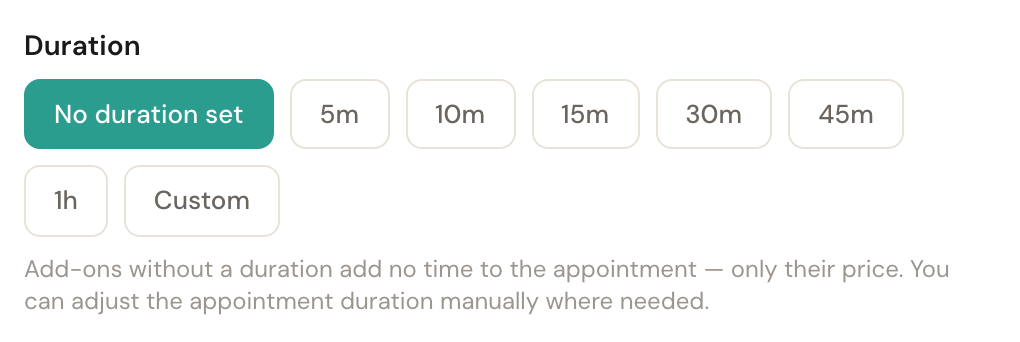 The duration buttons with No duration set selected and its explanation below.