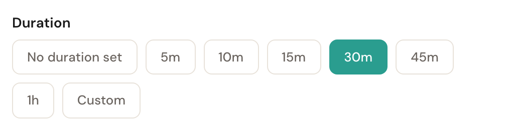 An add-on's duration buttons: 5m to 1h, with 30m selected.