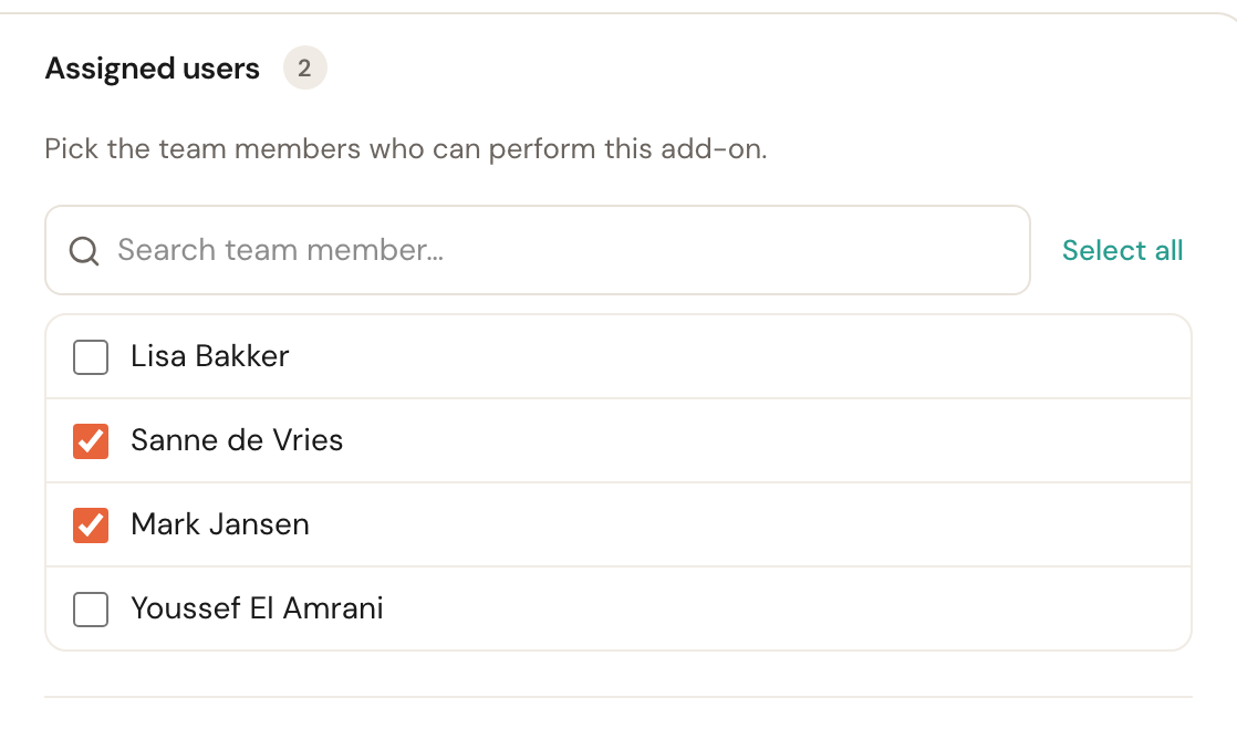 The list of team members with two people ticked.