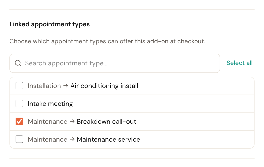 The list of appointment types with Maintenance → Maintenance service ticked.