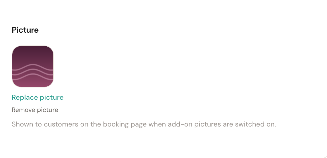 The Picture block on an add-on, with a preview and the buttons to replace or remove it.