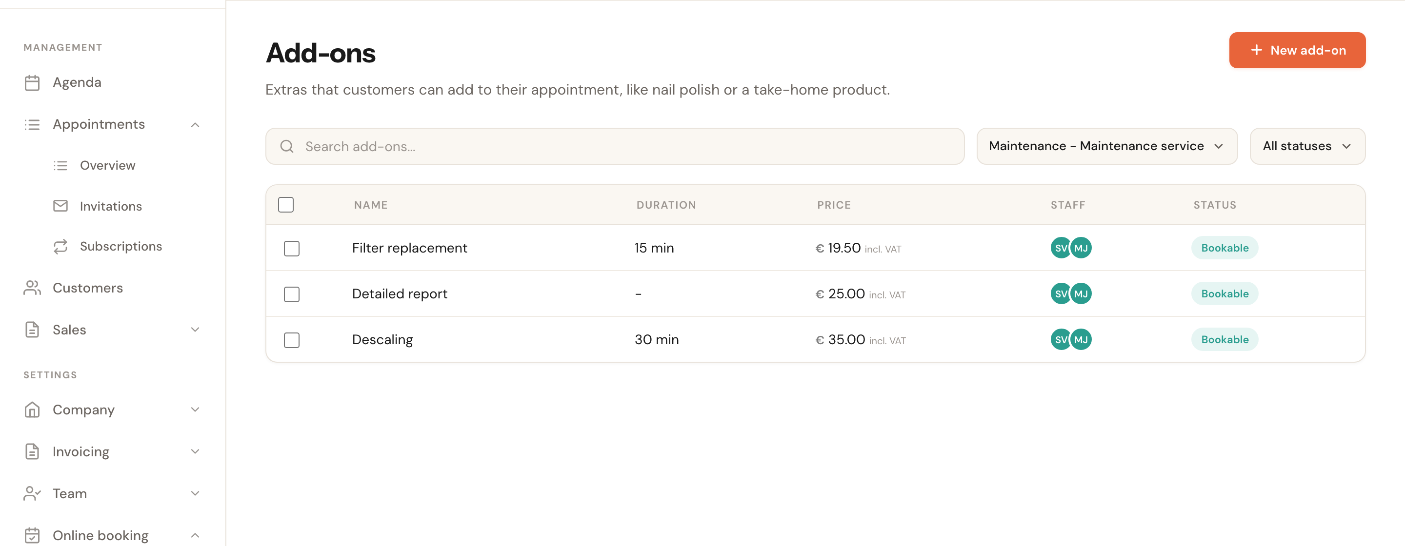 The overview filtered to one appointment type, showing that type's add-ons.