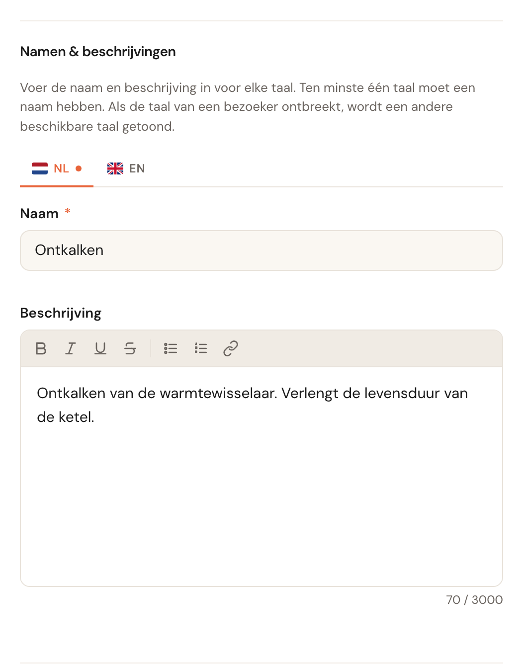 Het blok Namen en beschrijvingen met de naam Ontkalken en een beschrijving.