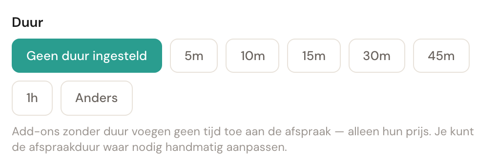 De duurknoppen met Geen duur ingesteld geselecteerd en de uitleg eronder.