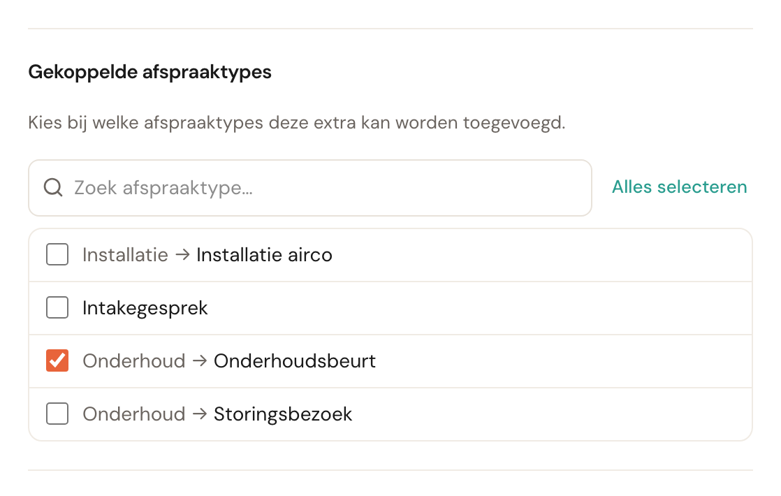 De lijst met afspraaktypes waarin Onderhoud → Onderhoudsbeurt is aangevinkt.