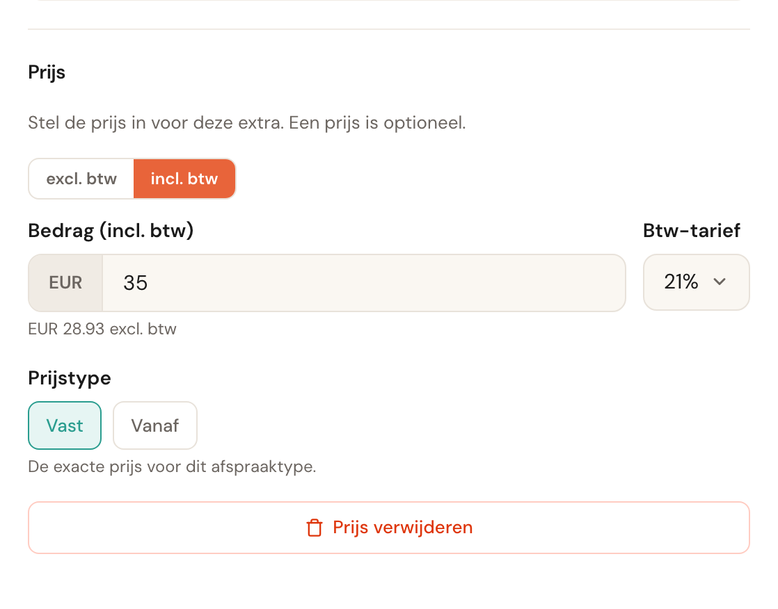 De prijsvelden van een extra: bedrag incl. btw, btw-tarief en prijstype.
