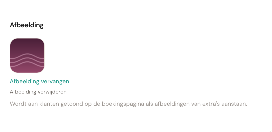 Het blok Afbeelding bij een extra, met voorbeeld en de knoppen om te vervangen of te verwijderen.