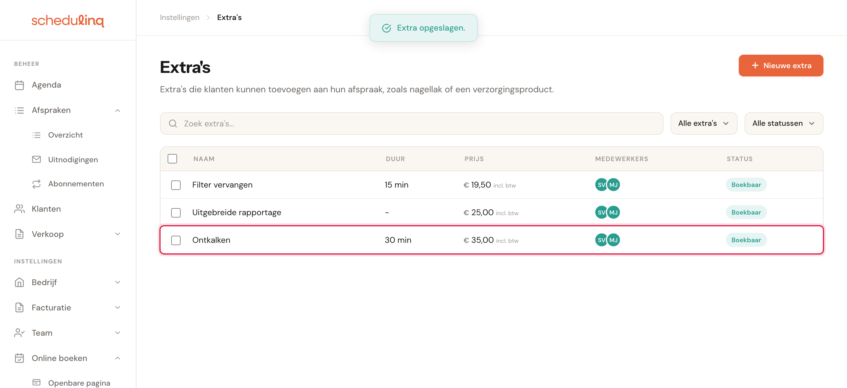 Het overzicht met de nieuwe extra Ontkalken erbij, gemarkeerd.