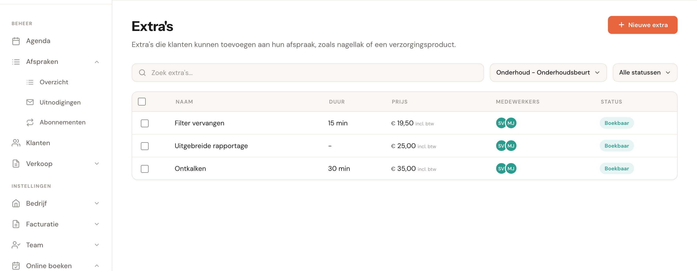 Het overzicht gefilterd op één afspraaktype, met de extra's van dat type.