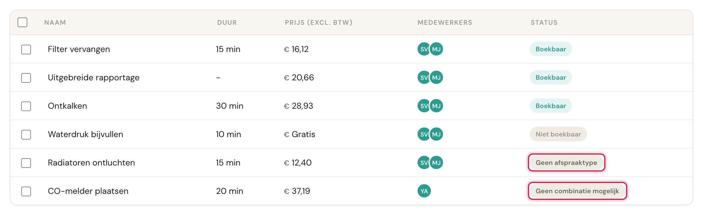 Het overzicht Extra's met zes extra's: drie Boekbaar, één Niet boekbaar, en Radiatoren ontluchten met Geen afspraaktype en CO-melder plaatsen met Geen combinatie mogelijk, allebei gemarkeerd.