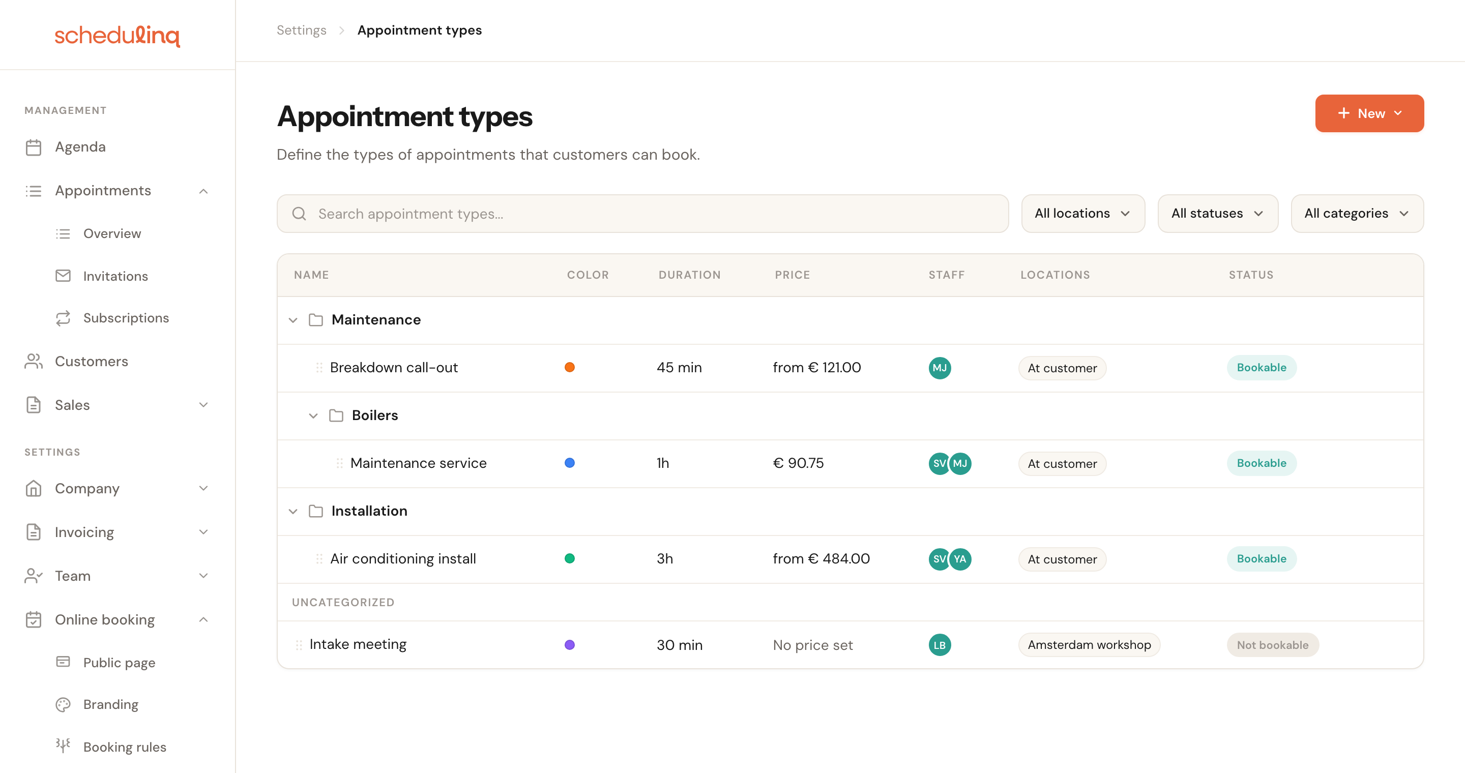 The Appointment types overview with the categories Maintenance and Installation, a Boilers subcategory, and Uncategorized at the bottom.