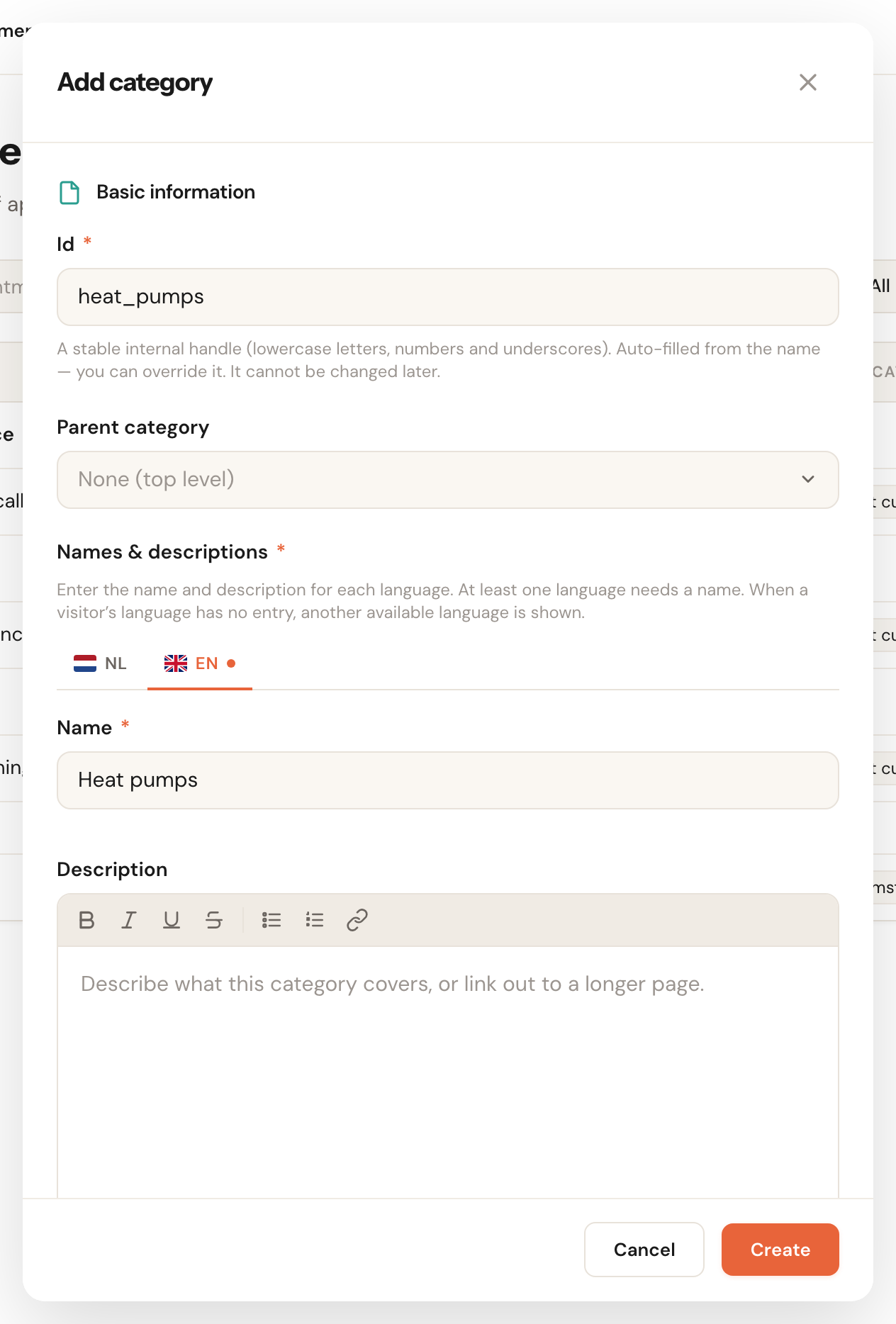 The Add category editor with the Id, Parent category and Names & descriptions fields.