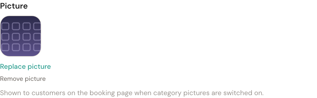 The Picture field in the category editor, with a preview and the buttons to replace or remove it.