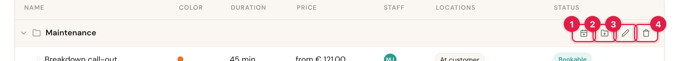 The Maintenance category row with four buttons on the right: add appointment type, add subcategory, edit and delete.