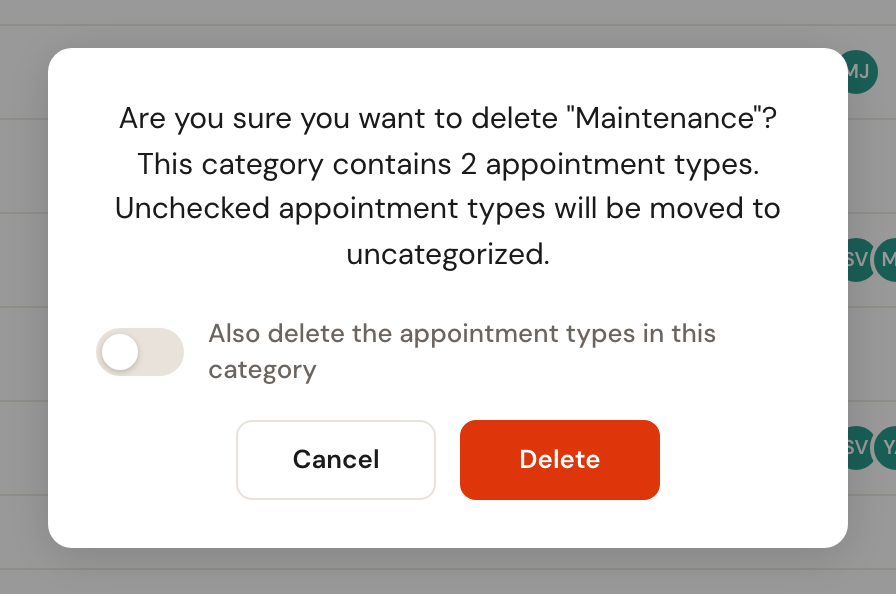 A confirmation dialog asking whether the Maintenance category may be deleted, with a switch to delete its appointment types as well.