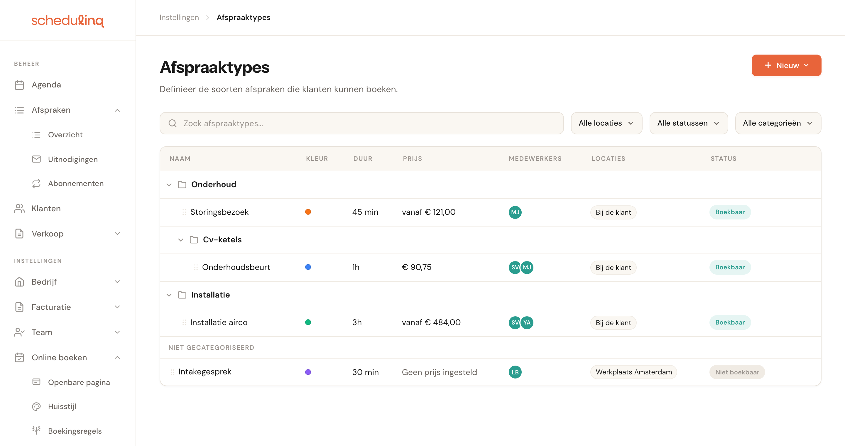 Het overzicht Afspraaktypes met de categorieën Onderhoud en Installatie, een subcategorie Cv-ketels, en onderaan Niet gecategoriseerd.