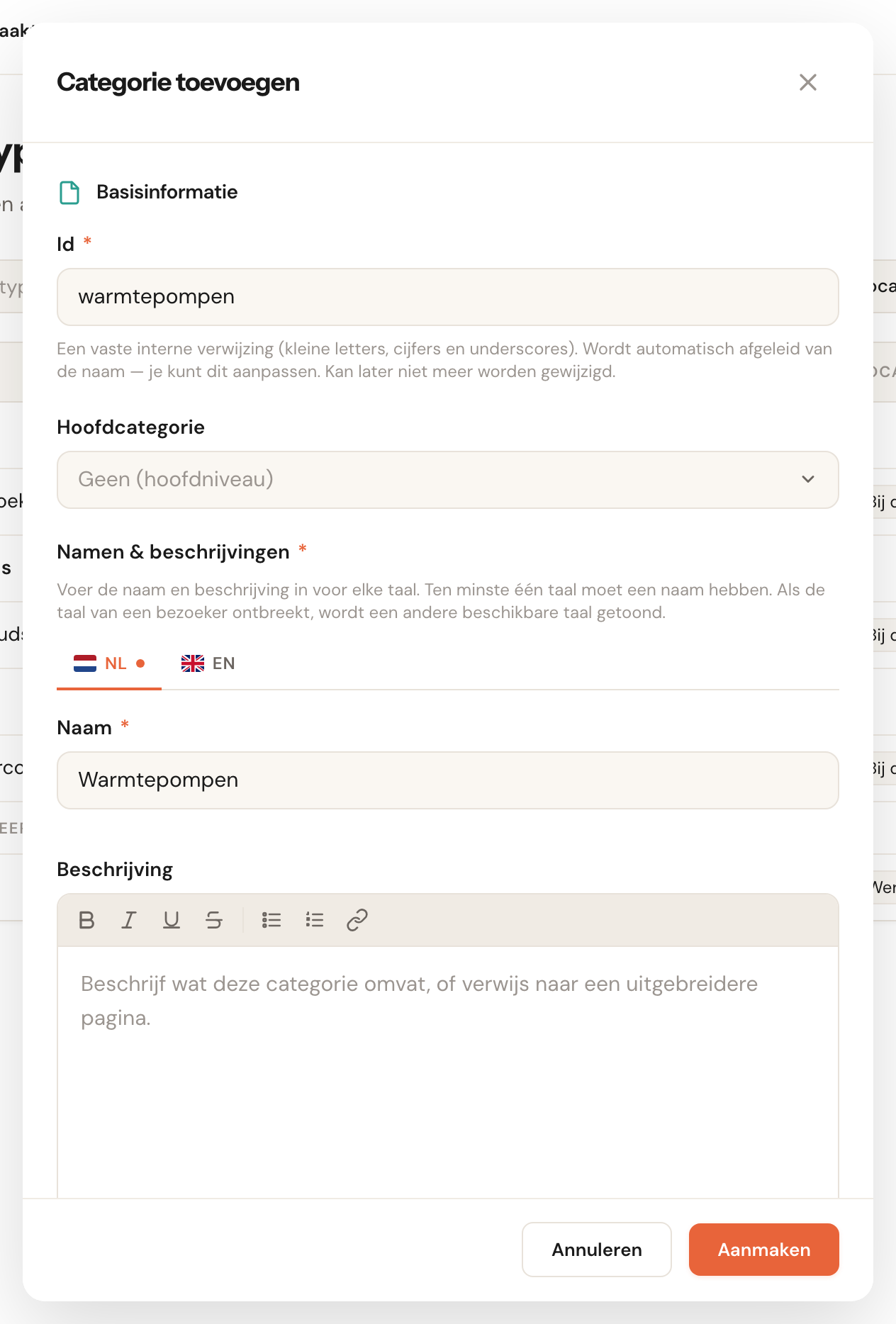 De editor Categorie toevoegen met de velden Id, Hoofdcategorie en Namen & beschrijvingen.